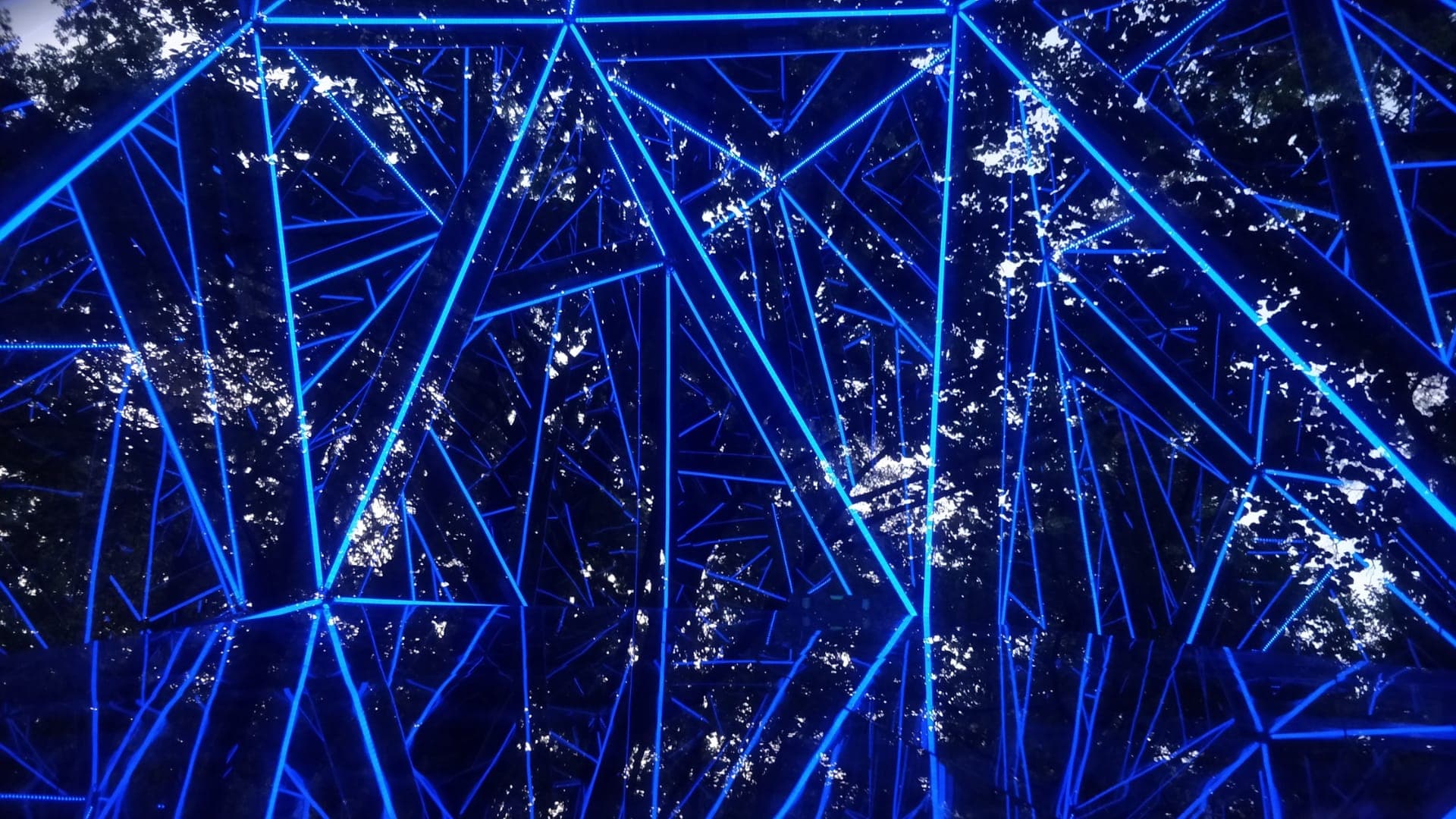 Vue intérieure de l'installation aLuminae au crépuscule